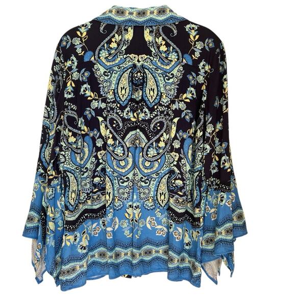 Boston Proper Border Print Flare Sleeve Blouse L Blue Paisley - Picture 5 of 6